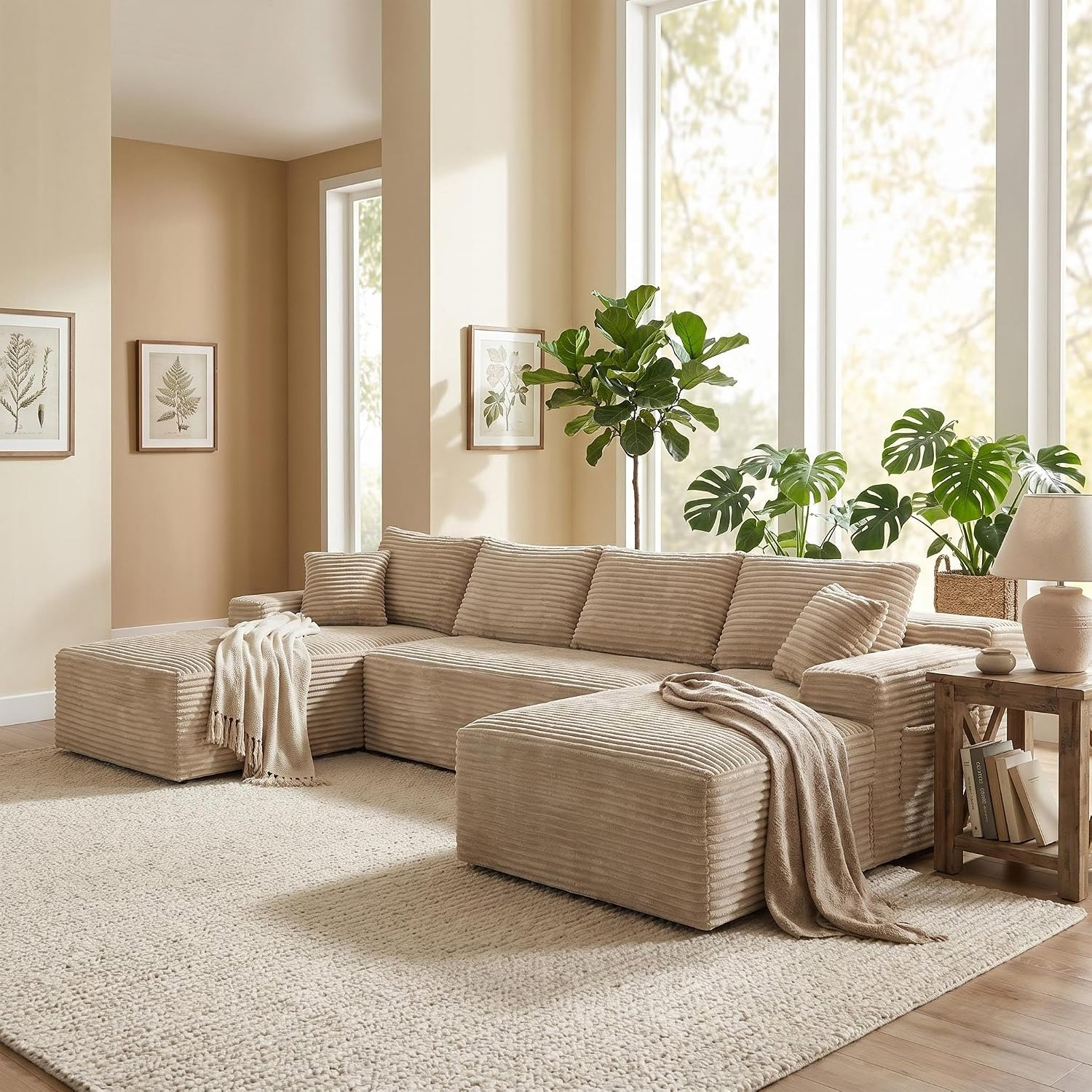 GAVREEN U-shaped 132" Modular Sectional Sofa, Compressed Corduroy Fabric, Modern Style Living Room Sofa Bed, Space-Saving Recliner Design - Convertible Corduroy Sectional Sofa