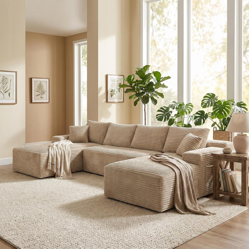 GAVREEN U-shaped 132" Modular Sectional Sofa, Compressed Corduroy Fabric, Modern Style Living Room Sofa Bed, Space-Saving Recliner Design - Convertible Corduroy Sectional Sofa