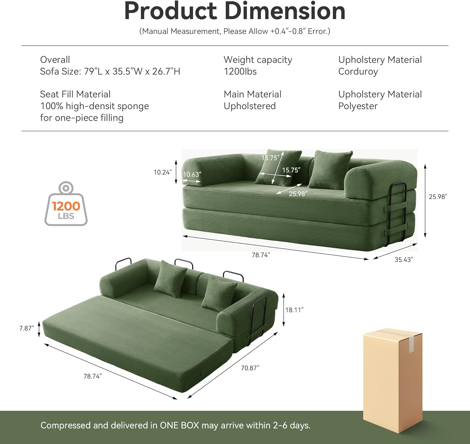 GAVREEN 79" Boneless Couch with Fixed-Shape Frame, Folding Convertible Sofa Bed, Sectional Sofa Set, Loveseat Sleeper with Pull Out Bed, Lazy Sofa Modular Futon Couch for Living Room Bedroom Lounge Studio