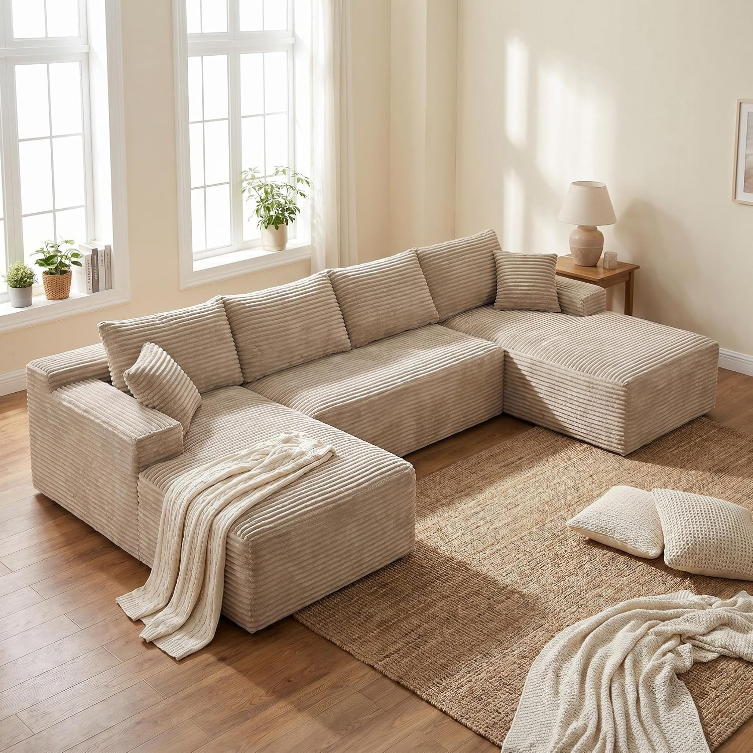 GAVREEN U-shaped 132" Modular Sectional Sofa, Compressed Corduroy Fabric, Modern Style Living Room Sofa Bed, Space-Saving Recliner Design - Convertible Corduroy Sectional Sofa