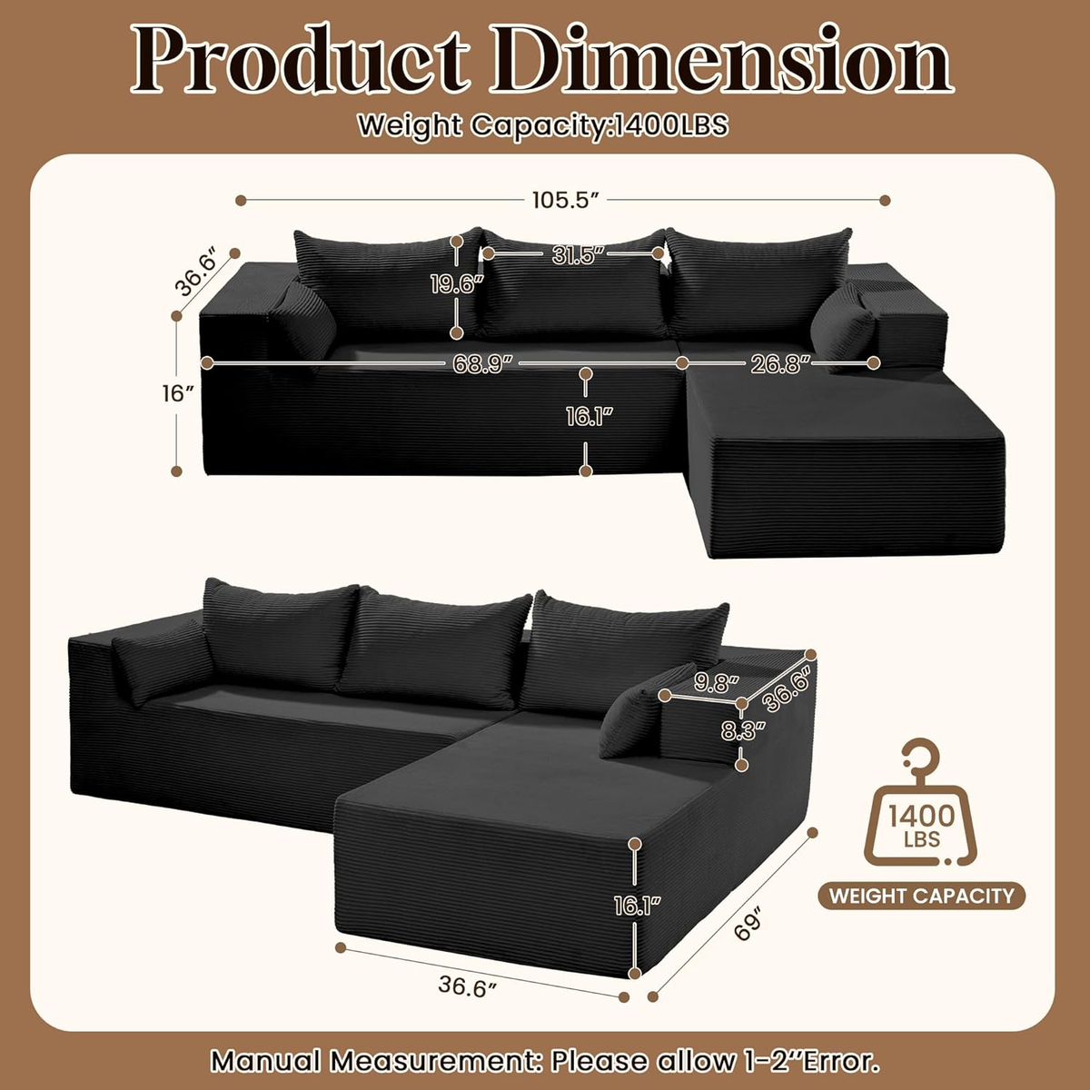 GAVREEN 106" Cloud Modular Sectional Sofa Couch with L-Shape Chaise,Modern Minimalist Upholstered Couches for Living Room Bedroom,Deep Seat Corner Couch,No Assembly Required