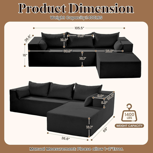GAVREEN 106" Cloud Modular Sectional Sofa Couch with L-Shape Chaise,Modern Minimalist Upholstered Couches for Living Room Bedroom,Deep Seat Corner Couch,No Assembly Required